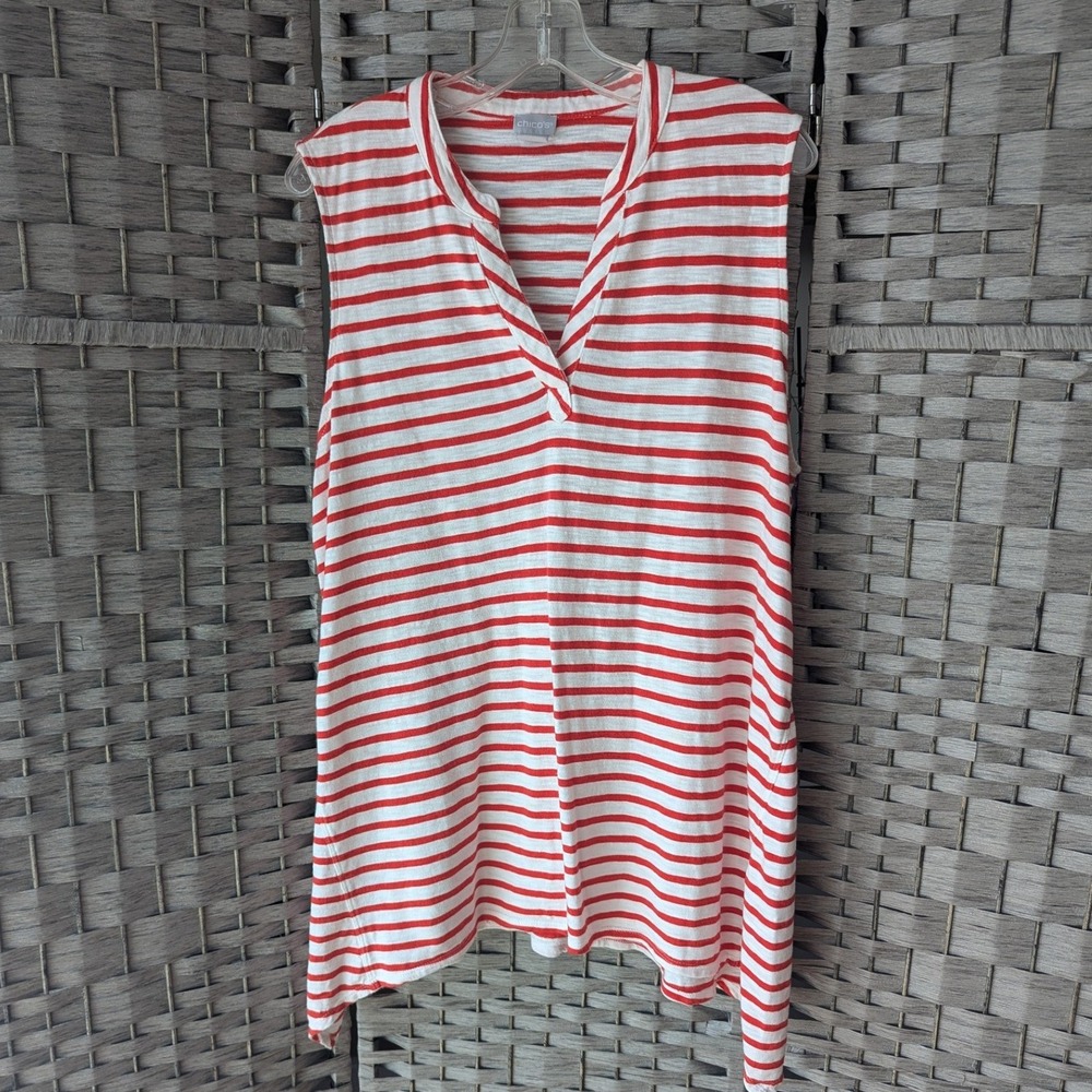 Chico's Tunic Top Red White Slub Striped Sleeveless Split Neck Sz 3 (XL) Casual